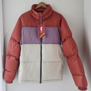 Cotopaxi Women's XL Solazo Down Puffer Jacket - Tri-colour Orange, Purple, Cream